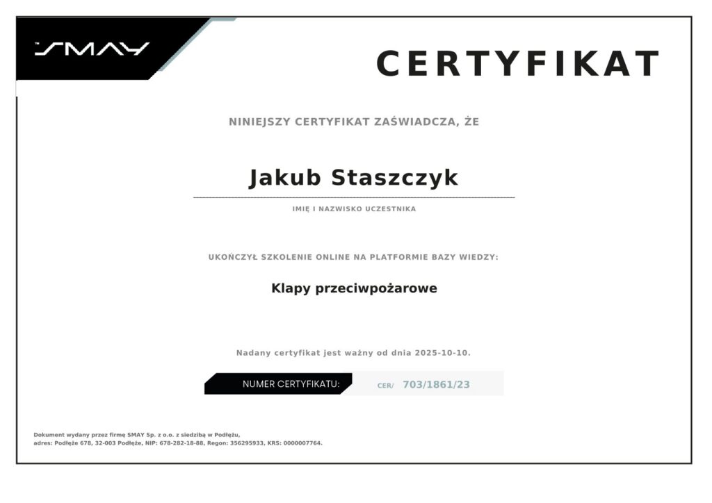 Certyfikat Techniczny SMAY: Montaż i serwis klap przeciwpożarowych