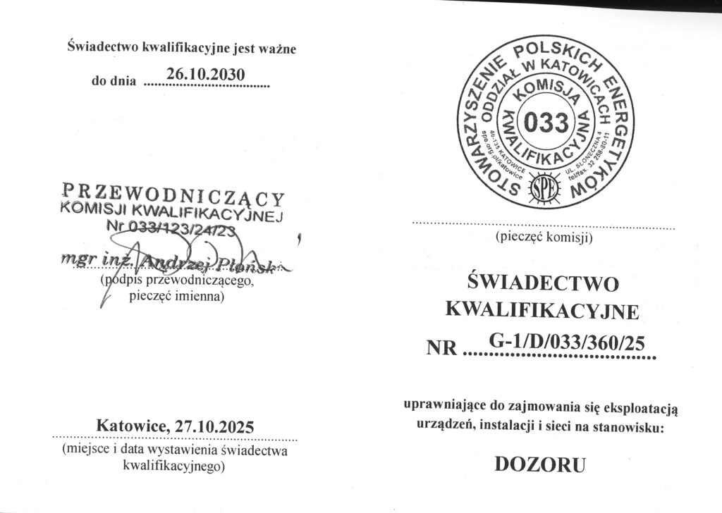 Świadectwo kwalifikacyjne, ważne do 2030