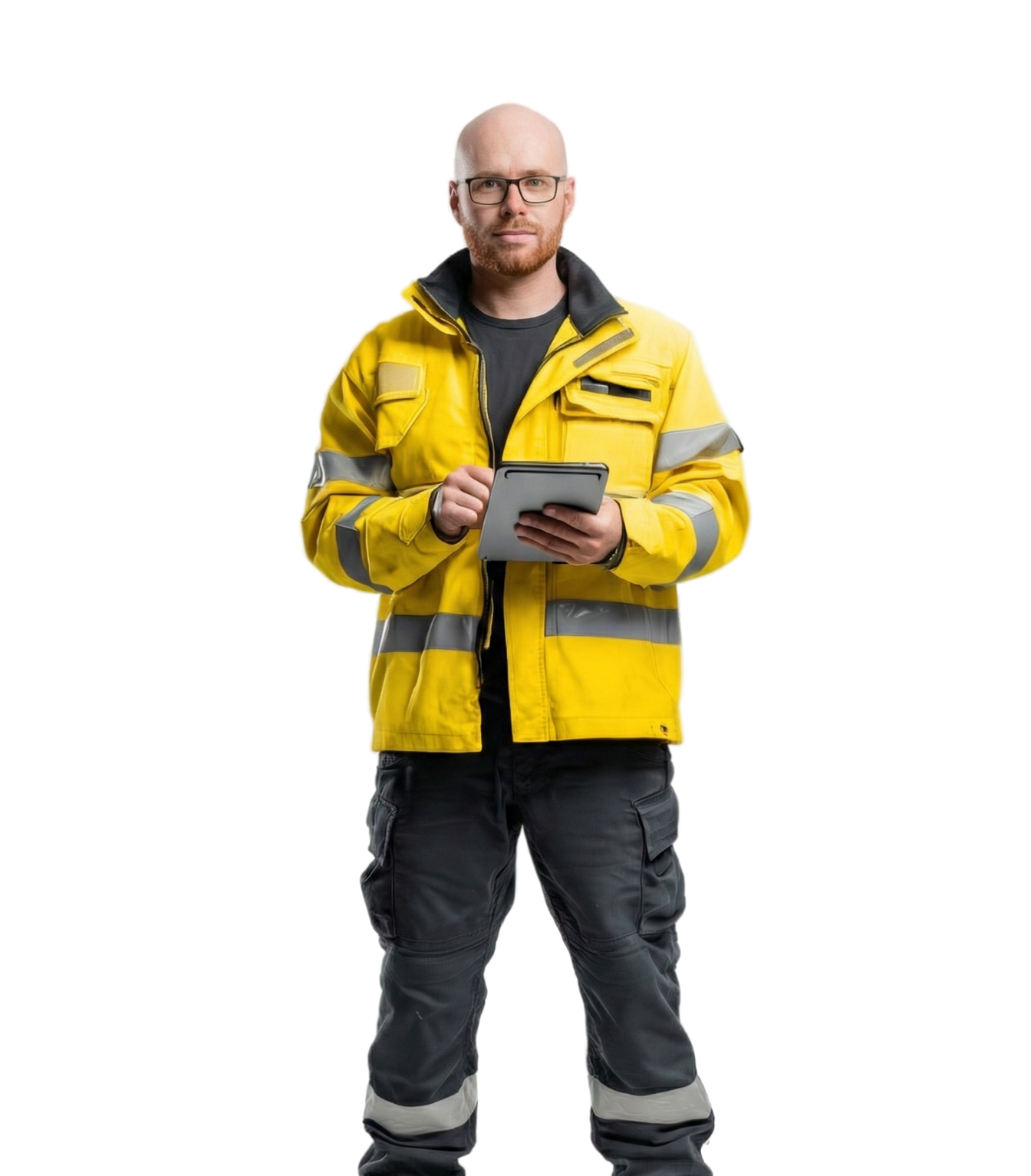 Mężczyzna w żółtej kurtce roboczej. serwisant od przeglądów ppoż