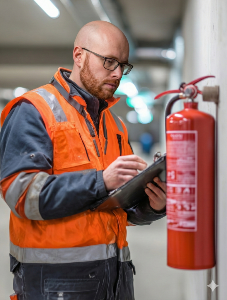 Mężczyzna sprawdzający gaśnicę w garażu