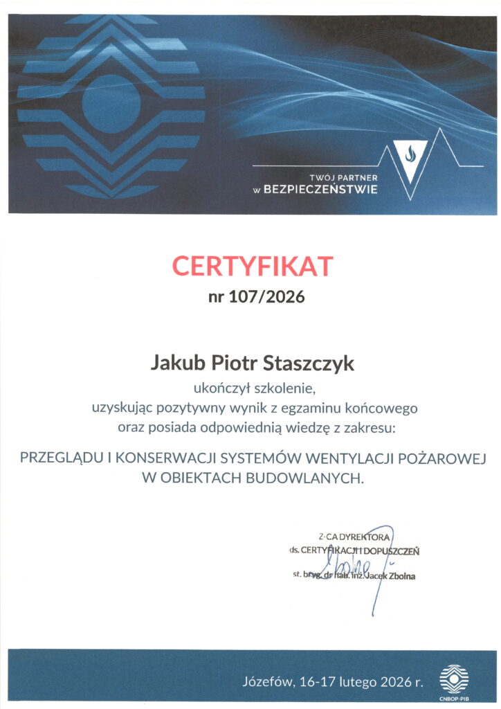 Certyfikat ukończenia szkolenia pożarowego
