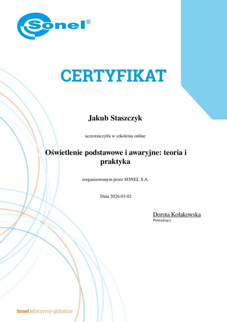 Certyfikat ukończenia szkolenia online Oświetlenie podstawowe i awaryjne: teoria i praktyka