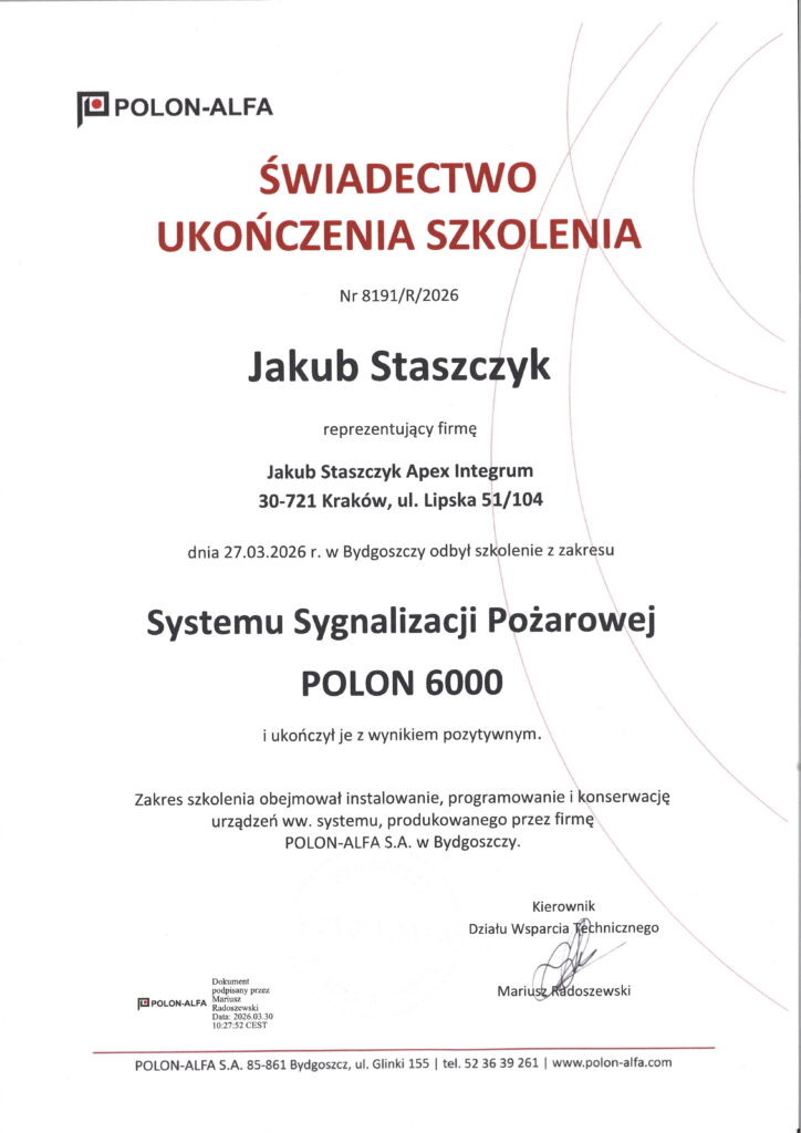 Świadectwo ukończenia szkolenia
POLON-ALFA – system sygnalizacji pożarowej POLON 6000: instalowanie, programowanie i konserwacja (nr 8191/R/2026)