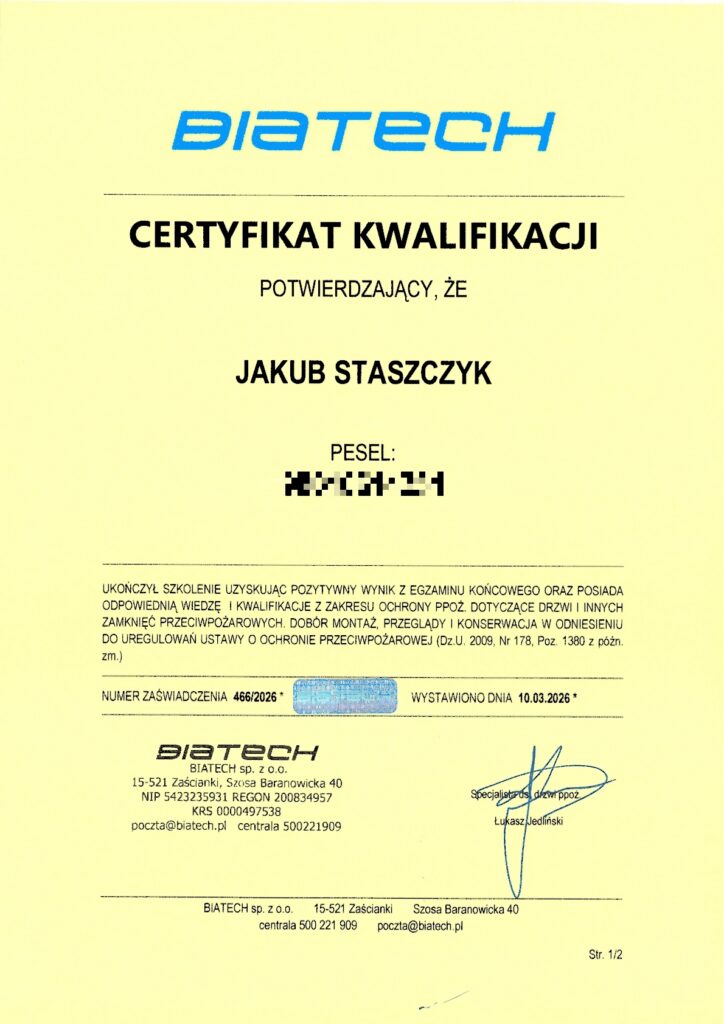 Certyfikat kwalifikacji dla Jakuba Staszczaka