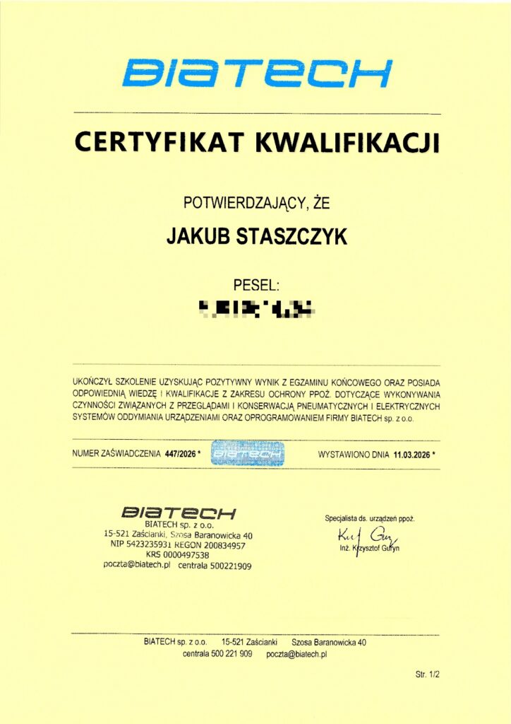 Certyfikat kwalifikacji dla Jakuba Staszczyka