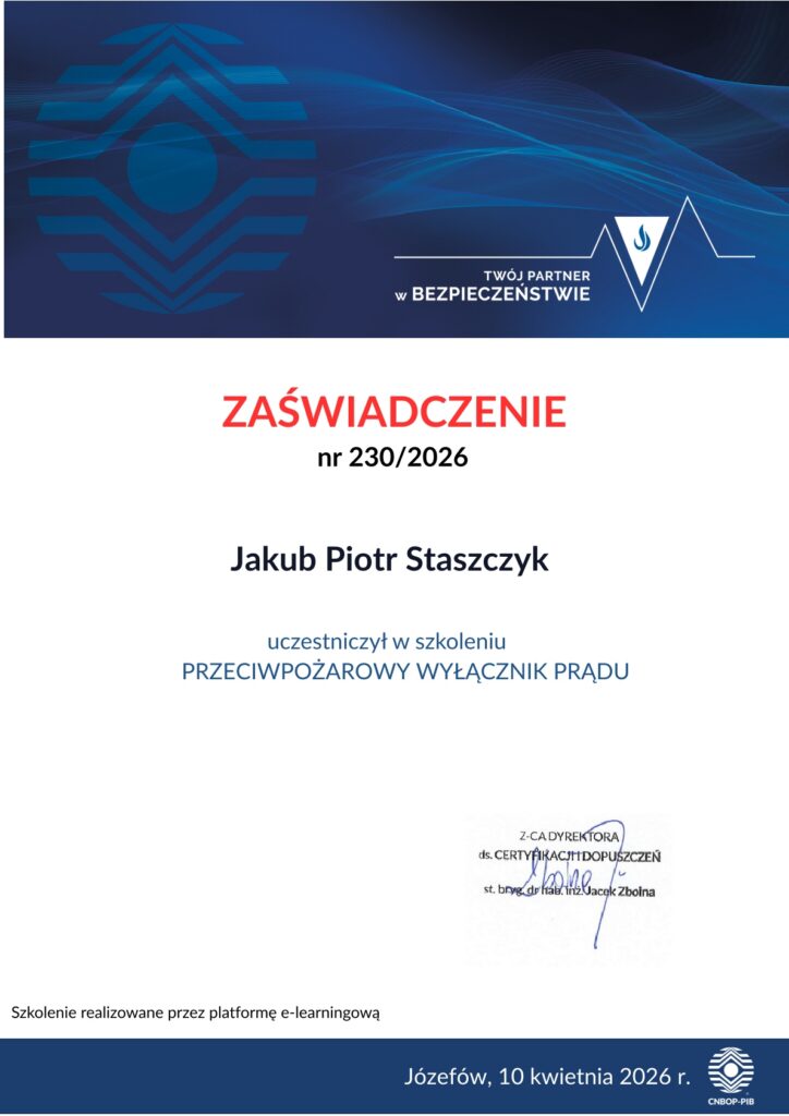 Zaświadczenie o ukończeniu szkolenia.