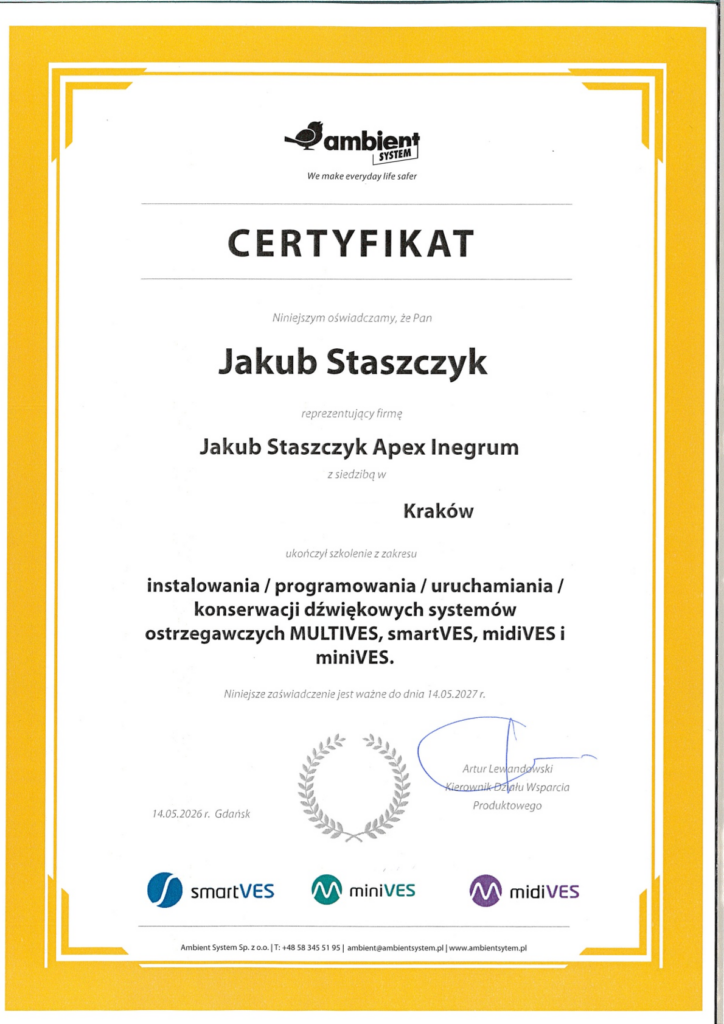 Certyfikat dla Jakuba Staszczyka